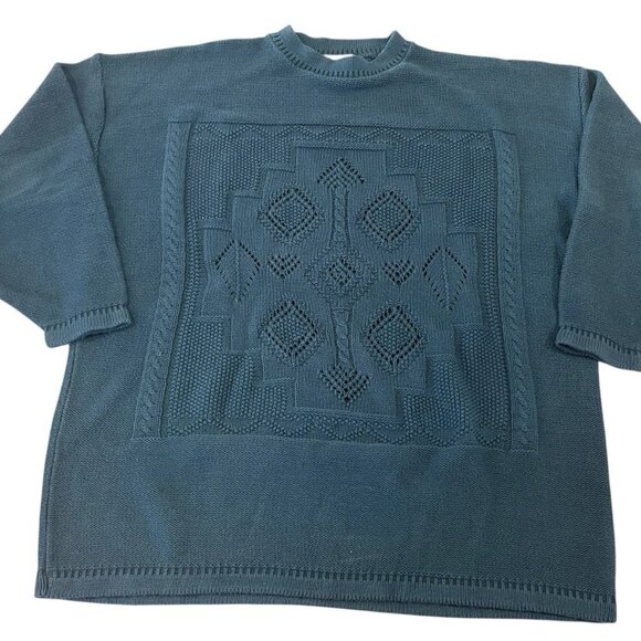 Eddie Bauer Sweater Womens Large Teal Cotton Knit USA Vintage Textured Pattern - Picture 1 of 7